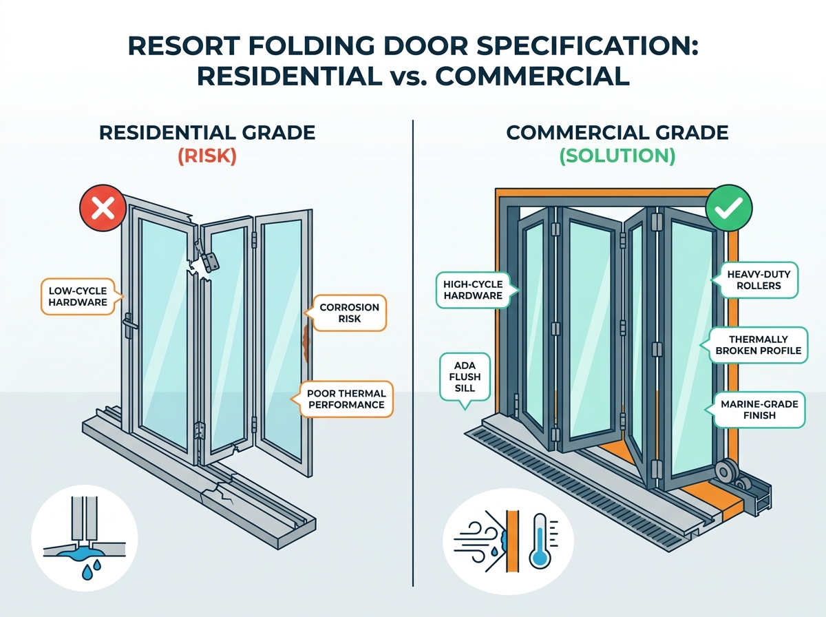 Commercial aluminum folding doors installed at a luxury resort